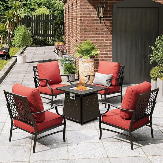 Patio Furniture Set with Fire Pit Table, 5 Pcs Metal Outdoor Conversation Set, 4 Single Chairs with 5.75" Extra Thick Cushion and 28" Fire Pit Table for Backyard Deck, Red