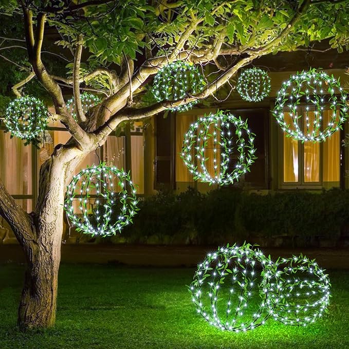 Solar Powered Hanging Iron Sphere Lights with Artificial Greenery – 12Inch 120 LED Waterproof Outdoor Decor Ball Light with Timer & 8 Modes – 2 Pack for Garden, Christmas, Weddings (Cool White)