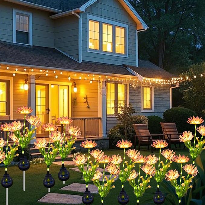 Solar Flower Lights for Garden Decor, 4Pack Pink Flowers with Green Stems, Solar Panel and Stake, Waterproof Solar Plant Lights for Outdoor Yard, Lawn, Path Decorations