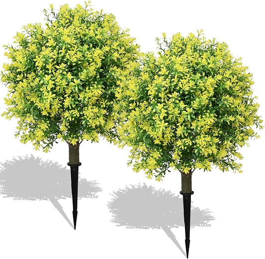 28" Artificial Boxwood Topiary Tree Yellow– UV Resistant Outdoor Faux Topiary Plant, Realistic Fake Topiary Bush for Porch, Patio, Front Door, Fake Evergreen Tree Home Decor
