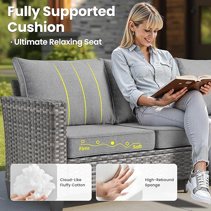 ovios 7 Pieces Patio Furniture Set with 54" Fire Pit Table, Outdoor Wicker Sofa with Comfy Cushions, All Weather High Back Rattan Couch Conversation Set, Dark Grey