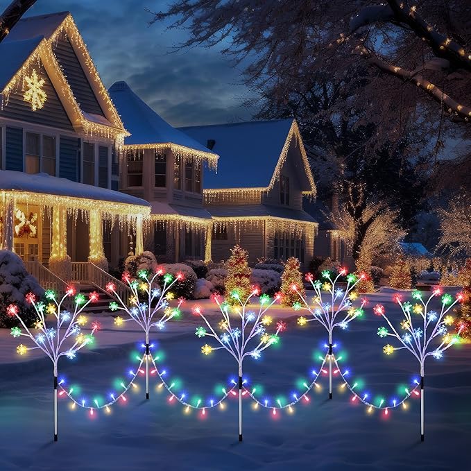 Enhon 5 Pack Snowflake Christmas Pathway Lights, 180 LED Garden Stake Lights with 8 Light Modes and Timer Function, Waterproof Xmas Decoration Tree Light for Outdoor Yard Lawn Patio Decor(Multicolor)