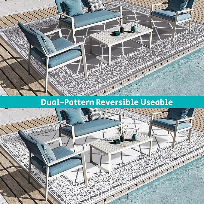 HEBE Outdoor Rug Waterproof 8x10, Reversible Plastic Straw Rug RV Camping Rug, Indoor Outdoor Patio Mat Clearance, Outside Carpet for Porch,Deck,Camper,Balcony,Backyard,Picnic