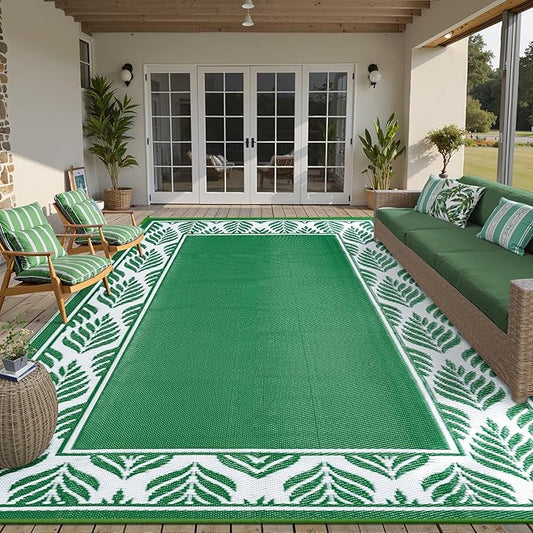 8x10 Patio Waterproof Outdoor Rug Outrside Camping Carpet RV Area Rug Reversible Green Rugs for Deck Entryance Porch Picnic Balcony Beach
