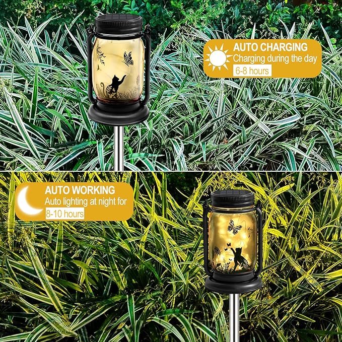 4 Pack Outdoor Hanging Solar Lantern, Cat & Dog Butterfly Theme Vintage Glass Mason Jar Solar Fairy Lights, Gifts for Mom, Father, Waterproof Garden Lights for Patio Yard Lawn Tree Party Decor