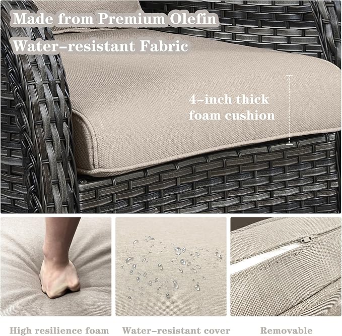 Wicker Outdoor Furniture Patio Furniture Set - 6 Piece Patio Conversation Set with Swivel Rocker Chairs, Rattan Sofa, Ottomans and Coffee Table, Gray Cushion