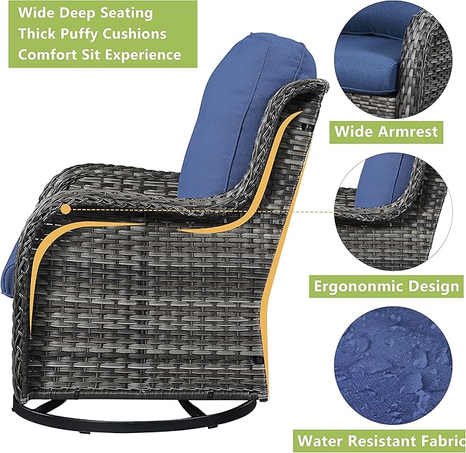 Outdoor Wicker Patio Furniture Set - 5 Piece Rattan Patio Conversation Set with 2 Rocking Swivel Chairs,2 Ottomans and 1 Sofa for Porch Deck Backyard Garden(Mixed Grey/Blue)