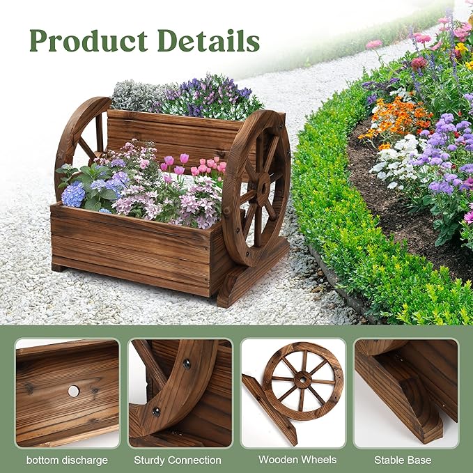 Wooden Wagon Planter Box, Garden Planter with Wheels,Decorative Planter for Flowers Herbs Vegetables for Indoor & Outdoor Décor, Flower Cart for Patio Garden Balcony