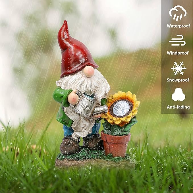 TERESA'S COLLECTIONS Sunflower Garden Gnomes Decorations for Yard with Solar Lights, Cute Resin Garden Sculptures & Statues for Outdoor Patio Lawn Ornaments,Ideal Gifts for Mom Women and Man, 11.4"