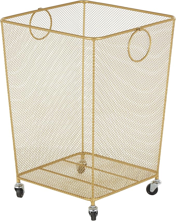 Deco 79 Metal Storage Cart Square Mesh Wire Rolling Laundry with Ring Handles, 17" x 16" x 24", Gold