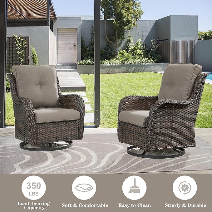 Outdoor Furniture Sectional Sofa L Shaped Couch - Patio Wicker Set with 2 Swivel Glider Chairs, 5 Piece Rattan Patio Conversation Sets with Gray Cushion for Deck Backyard Sunroom