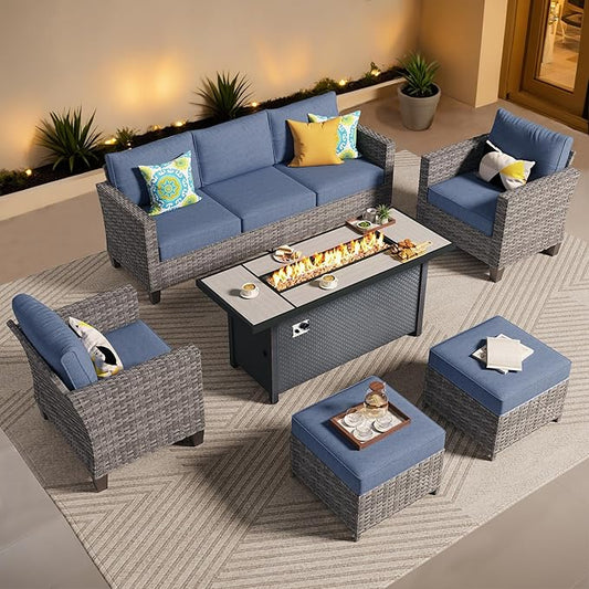 ovios 6 Pieces Patio Furniture Set with 54" Fire Pit Table, Outdoor Wicker Sofa with Comfy Cushions, All Weather High Back Rattan Couch Conversation Set, Denim Blue