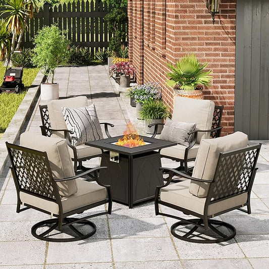 Patio Furniture Set with Fire Pit Table, 5 Pcs Metal Outdoor Conversation Set, 4 Swivel Chairs with 5.75" Extra Thick Cushion and 28" Fire Pit Table for Backyard Deck, Beige
