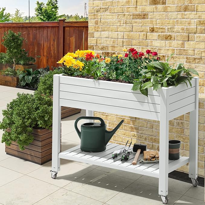 YITAHOME 43.3x17.7x34 in Elevated Garden Bed, Outdoor Plastic Planter Box with Wheels, Legs, Drain Plug, and Storage Shelf for Plants, Vegetables, Flowers, Herbs, Grayish-White