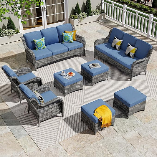 ovios 8 Pieces Patio Furniture Set, Outdoor Wicker Sofas with 2 Chairs, 4 Ottomans and Comfy Cushions, All Weather High Back Couch Set for Deck Porch, Grey Rattan, Denim Blue