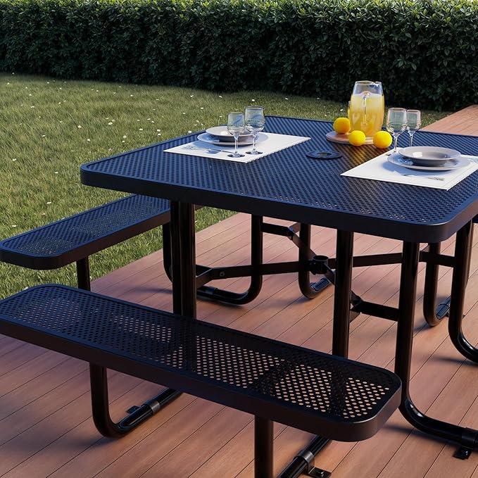 Metal Picnic Tables for Outdoors with Umbrella Hole - Coated Steel Heavy Duty Commercial Grade Table with Adjustable Seats (Black, 46 in, Square, Punched Steel)