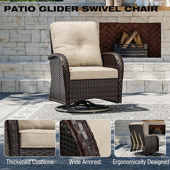Joyside Outdoor Swivel Rocker Chairs, 3 Piece Wicker Patio Set with Thick Cushion and Side Table, Rattan Patio Swivel Rocking Chairs for Porch, Deck Use (Brown/Beige, 3 PCS)