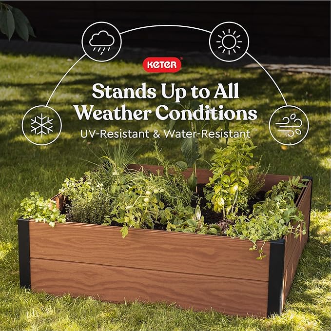 Keter 48" X 48" inches Wood Look Raised Garden Bed, Durable Outdoor Herb Garden Planter for Vegetables, Flowers, and Succulents, Brown