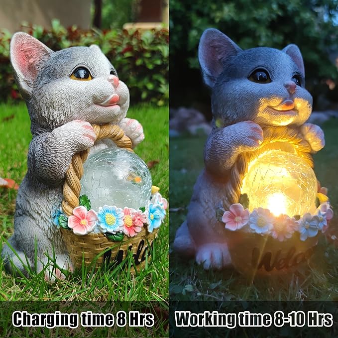 Solar Cat Garden Outdoor Statues,Resin Cat Figurine Carrying Flower Basket and Magic Orb with Solar LED Lights, Lawn Decor Outdoor Statue for Patio, Balcony, Yard Ornament,Gifts for Mom