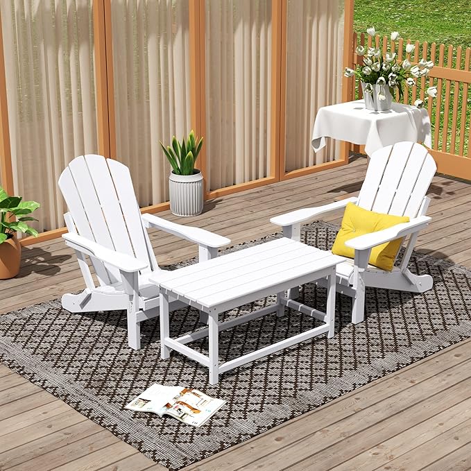 WO Home Furniture Adirondack Chairs Table Set of 3 PCS Outdoor Folding Chairs Coffee Table Weather/UV Resistant for Lawn, Garden, Bon Fire, Balcony (White)
