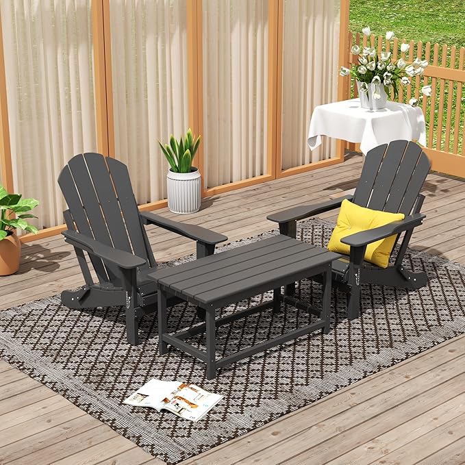 WO Home Furniture Adirondack Chairs Table Set of 3 PCS Outdoor Folding Chairs Coffee Table Weather/UV Resistant for Lawn, Garden, Bon Fire, Balcony (Gray)