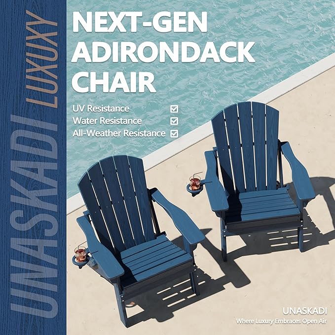 Folding Adirondack Chair Set of 4 with Cup Holder, HDPE All Weather Resistant Plastic Outdoor Patio Chairs, Heavy Duty Fire Pit Seating for Backyard Lawn Garden, Wooden Textured Design(Navy Blue)