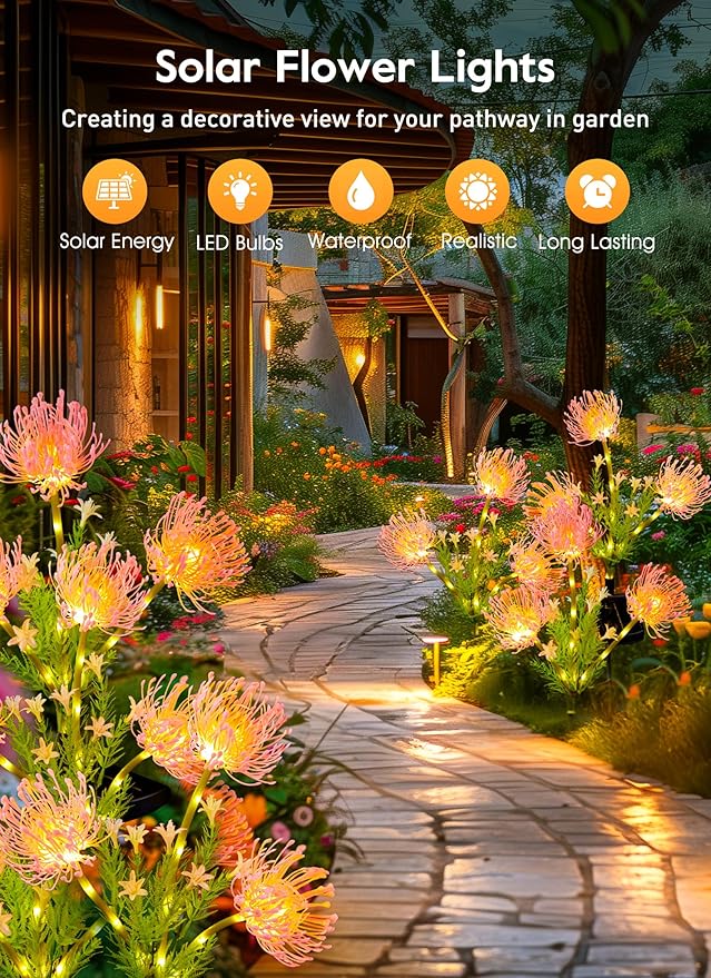 Brightown Outdoor Solar Garden Lights - 4 Pack LED Flower Lights with Glowing Flowers & Stems, Realistic, Bigger Solar Panel, Waterproof for Yard Patio Home, Pink