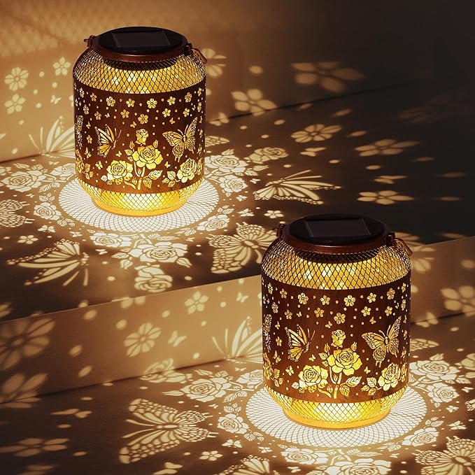 Butterfly Solar Lanterns Outdoor Waterproof Rose Garden Decor Gifts for Women Mom Grandma Hanging Solar Lights Metal Lantern Decoration Outside for Yard, Patio, Backyard, Porch