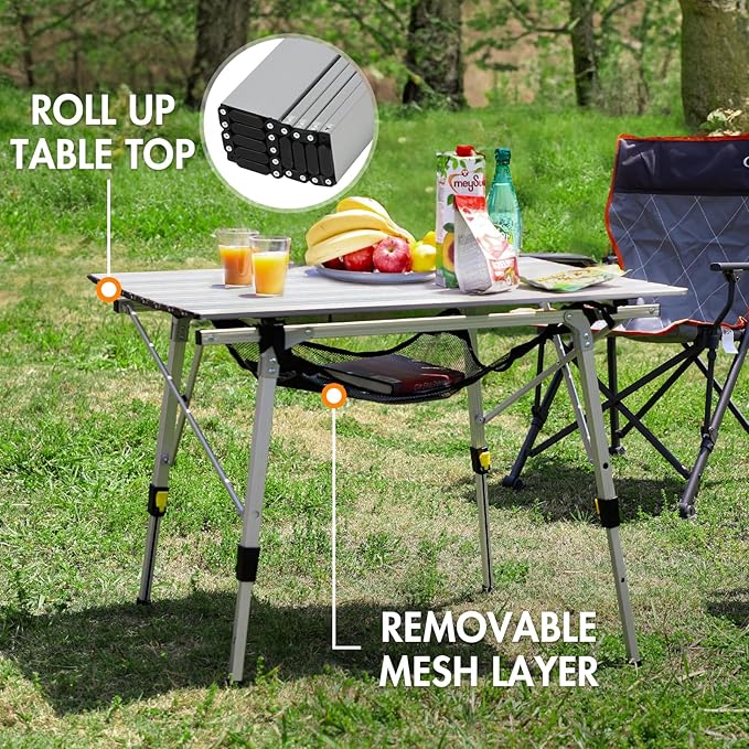 PORTAL Outdoor Folding Portable Picnic Camping Table with Adjustable Height Aluminum Roll Up Table Top Mesh Layer, Silver
