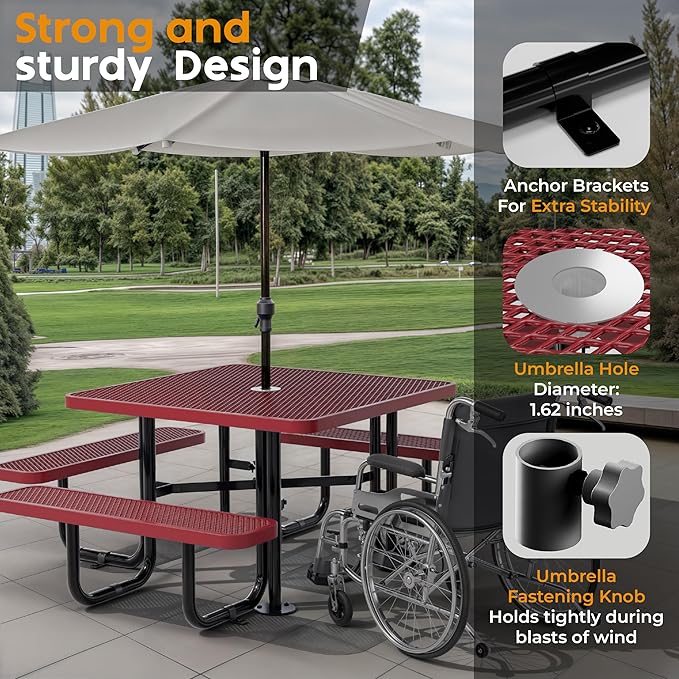 Metal Picnic Tables for Outdoors with Umbrella Hole - Coated Steel Heavy Duty Commercial Grade Table with Adjustable Seats (Red, 46 in, Square, Expanded Steel)