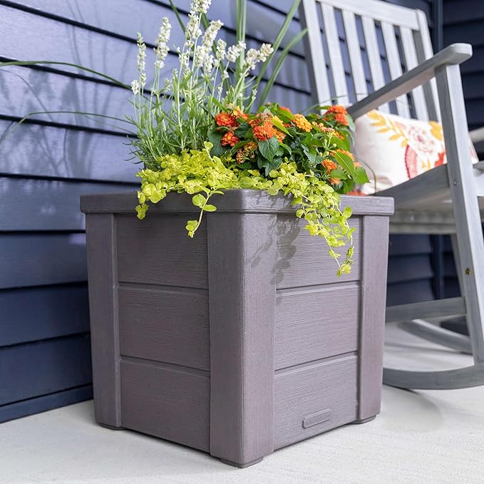 Step2 Lakewood Square Planter, Large Planters for Outdoor Plants, Gardening and Flower Pot for Patio or Porch, Efficient Drainage, Durable Plastic, Dark Cedar, 1-Pack