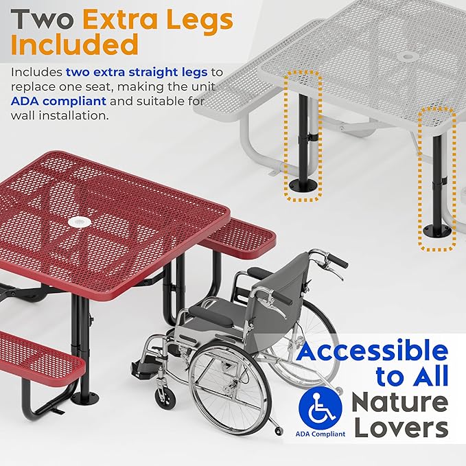 Metal Picnic Tables for Outdoors with Umbrella Hole - Coated Steel Heavy Duty Commercial Grade Table with Adjustable Seats (Red, 46 in, Square, Expanded Steel)