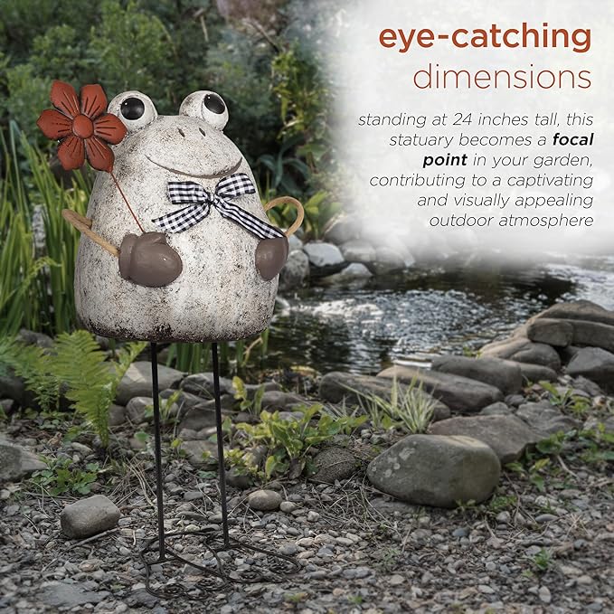 Alpine Corporation MCC860 Indoor/Outdoor Frog with Flower Garden Statue, Stone Finish Frog Statue for Yard, 24" H, Silver