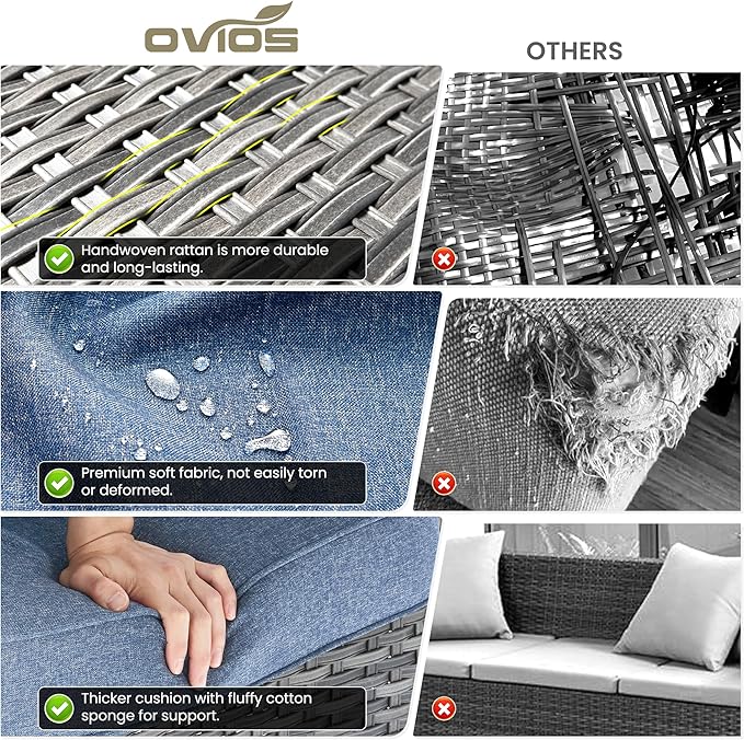 ovios 5 Pieces Patio Furniture Set with 42" Fire Pit Table, Outdoor Wicker Sofa with Loveseat, Comfy Cushions, High Back Couch Conversation Set, Grey Rattan, Denim Blue