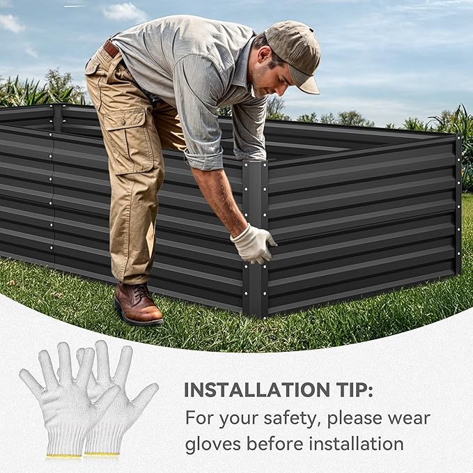 YITAHOME 8x4x2ft Large Raised Garden Bed Kit, Galvanized Metal Planter Box with Gloves, Ground Nails, Support Rod & Safety Rubber, Outdoor Above Ground Planters for Plants Vegetables Flowers, Black