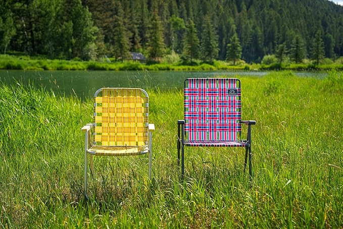 Retro Webbed Camping Chair - Lightweight, Foldable, Durable Steel Frame, 300lb Capacity, Vintage Red/Blue Stripes by Caddis Sports