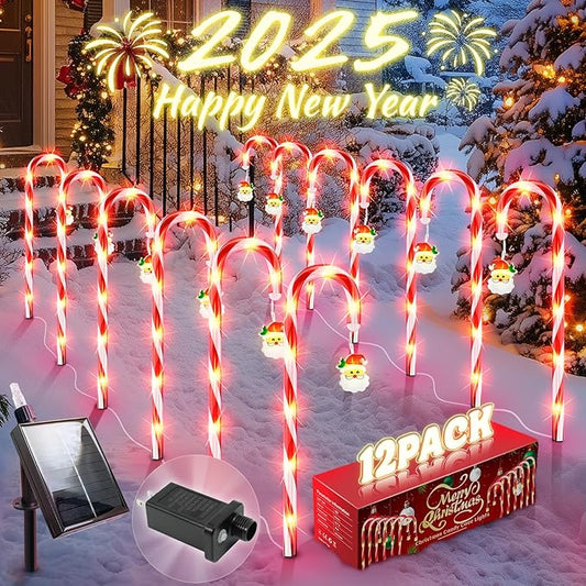 Solar Christmas Lights Outdoor Decorations: Candy Cane Light Waterproof for Yard Decorative Outside - Santa Claus Pathway Stake Lighting Patio Garden Path Street Decor 12 Pack