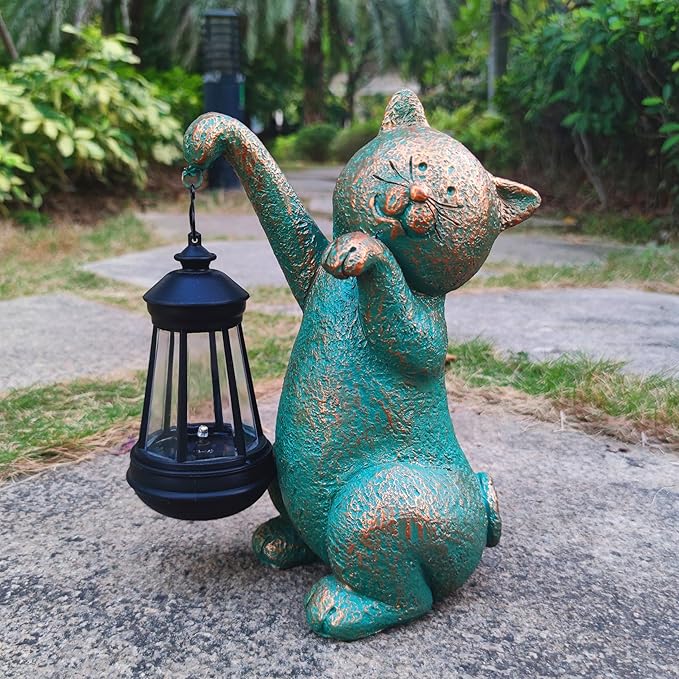 JOYBEE Garden Statues Cat with Solar Lantern Outdoor Decor-Cat Solar Figurines Lights Decorations for Patio Yard Lawn Ornaments-Gifts for Birthday Easter Housewarming
