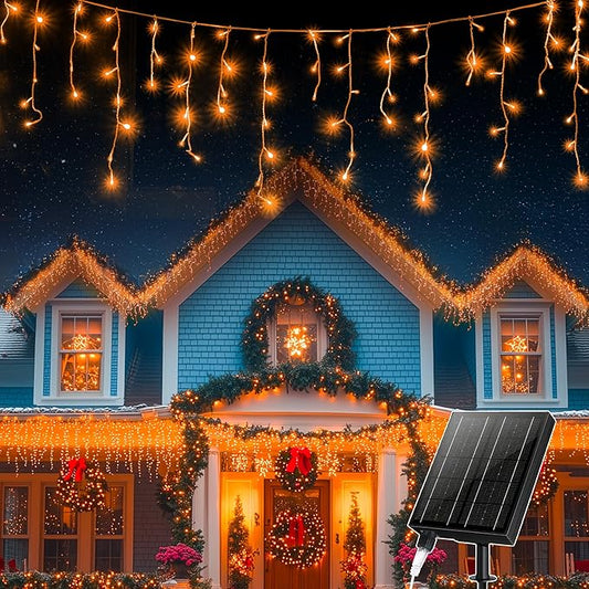 XZAI Solar Icicle String Lights 800LED 50FT Warm White Remote Connectable 2400mAh USB Rechargeable 8 Modes Timer Dimmable IP65 Waterproof Twinkle for Outdoor Christmas & Wedding & Party Decors