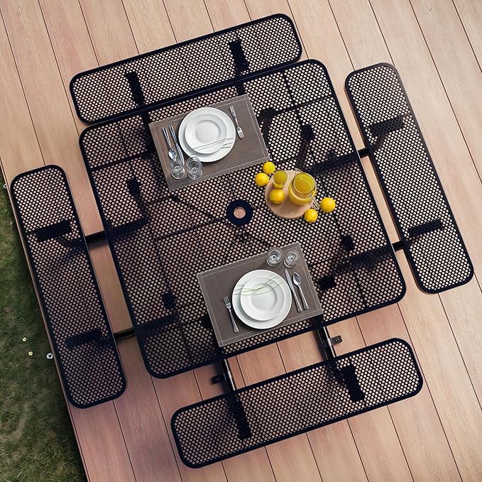 Metal Picnic Tables for Outdoors with Umbrella Hole - Coated Steel Heavy Duty Commercial Grade Table with Adjustable Seats (Black, 46 in, Square, Punched Steel)