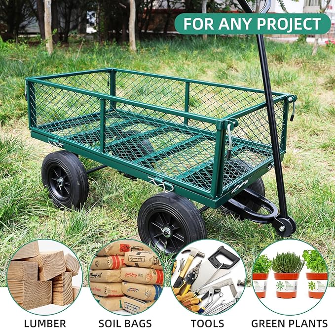 Heavy Duty 480 Lbs Capacity Mesh Steel Garden Cart Folding Utility Wagon with Removable Sides (Green)