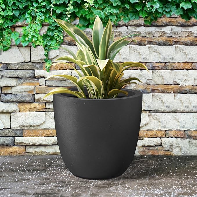 Kante 18 Inch Dia Round Concrete Planter, Indoor Outdoor Large Plant Pot with Drainage Hole and Rubber Plug for Home Patio Garden, Black