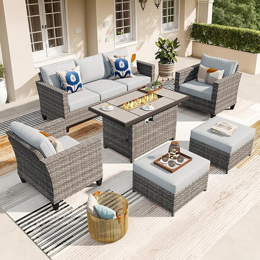 ovios 6 Pieces Patio Furniture Set with 42" Fire Pit Table, Outdoor Wicker Sofa with Comfy Cushions, All Weather High Back Rattan Couch Conversation Set, Grey