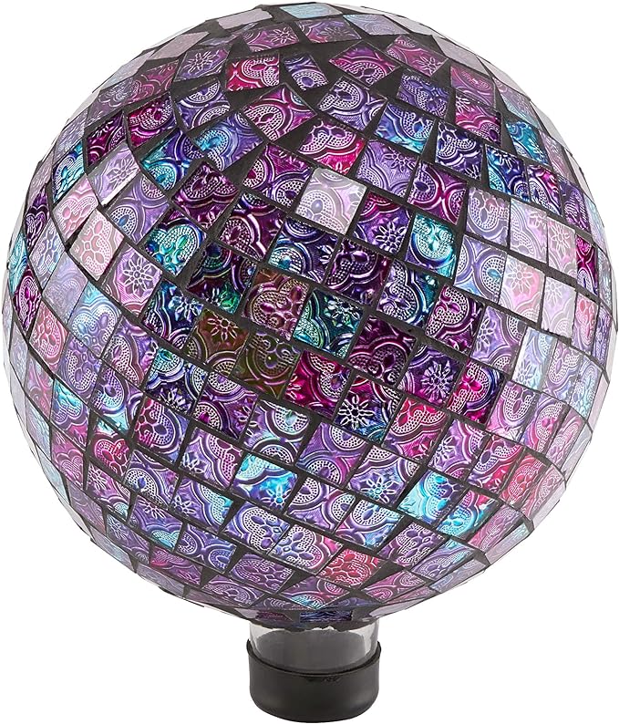Alpine Corporation 10" Diameter Indoor/Outdoor Glass Mosaic Gazing Globe Yard Decoration, Purple Embossed Tile