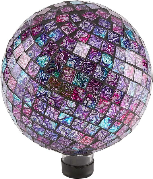 Alpine Corporation 10" Diameter Indoor/Outdoor Glass Mosaic Gazing Globe Yard Decoration, Purple Embossed Tile