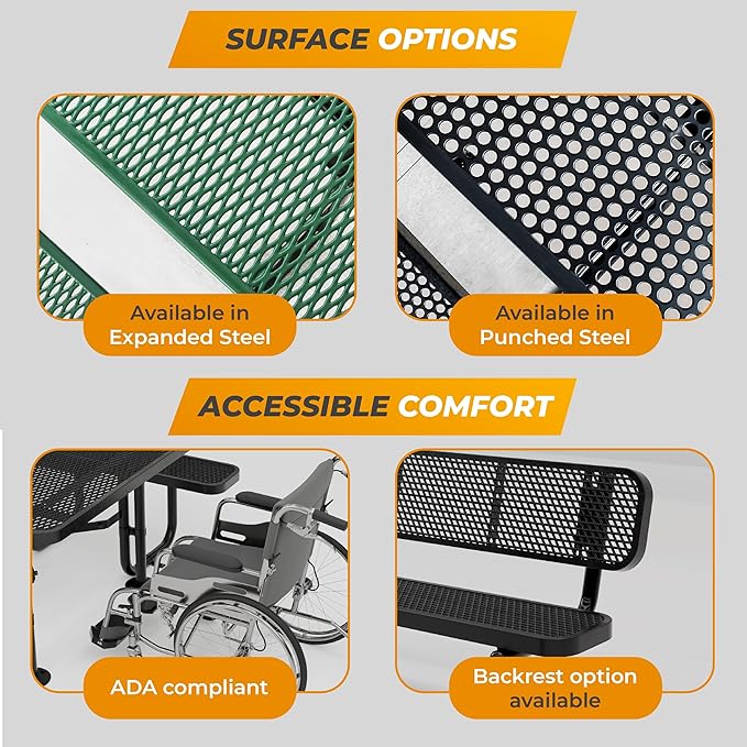 Metal Picnic Tables for Outdoors with Umbrella Hole - Coated Steel Heavy Duty Commercial Grade Table with Adjustable Seats (Green, 46 in, Square, Punched Steel)