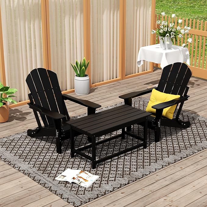 WO Home Furniture Adirondack Chairs Table Set of 3 PCS Outdoor Folding Chairs Coffee Table Weather/UV Resistant for Lawn, Garden, Bon Fire, Balcony (Black)