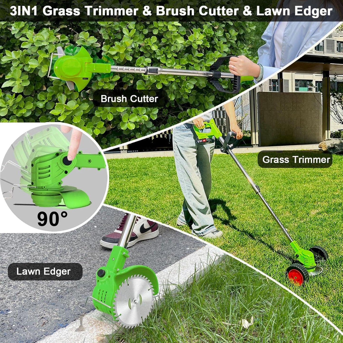 Electric Weed Wacker Eater Battery Powered, Cordless 21V Weed Trimmer with 2 Battery Operated & Charger & Wheels & Shears, 3 in 1 Lightweight Grass Trimmer/Edger/Brush Cutter for Garden Yard Lawn
