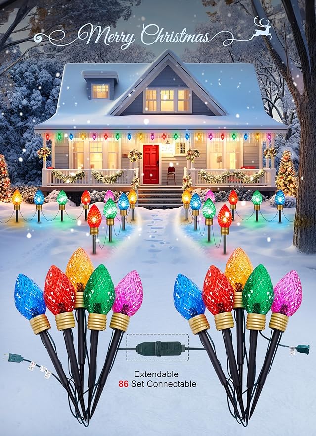 Moonflor Strawberry Jumbo C9 Christmas Pathway Lights Outdoor - 8.5 Feet 5 LED C9 Christmas Lights,C7 Lights Covered Jumbo Multicolor Christmas Lights Outdoor Decorations for Lawn Holiday Outside Yard