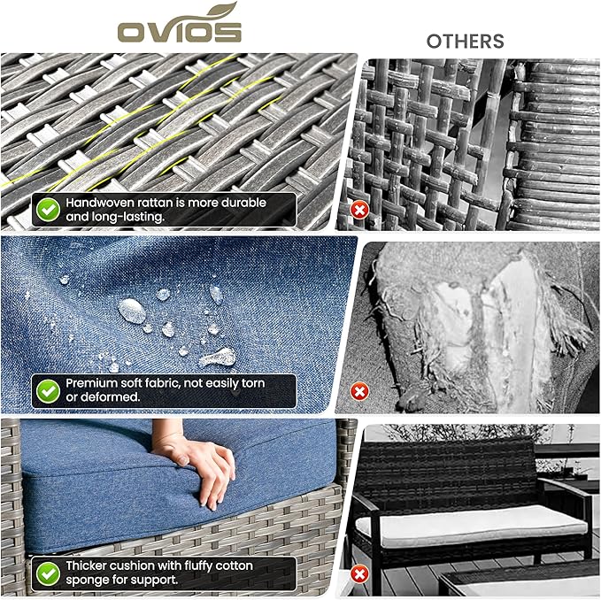 ovios 7 Pieces Patio Furniture Set with 42" Fire Pit Table, Outdoor Wicker Sofa with Swivel Chairs, All Weather High Back Rattan Couch Conversation Set, Denim Blue